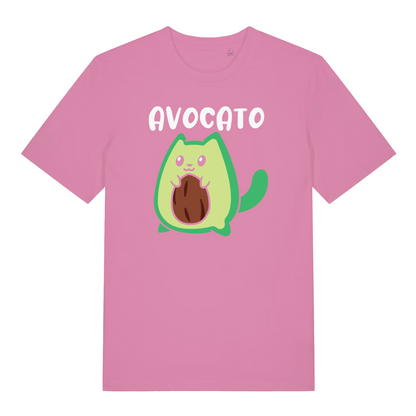 pink women's graphic t-shirt with a cartoon avacado design and the word 'avocato'