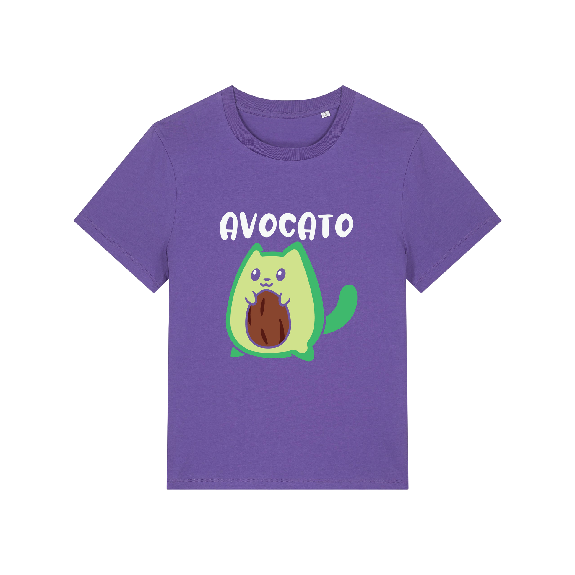 purple graphic t-shirt with the slogan 'avocato' and the graphic of a cat dressed as an avocado