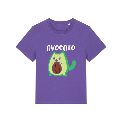 purple graphic t-shirt with the slogan 'avocato' and the graphic of a cat dressed as an avocado
