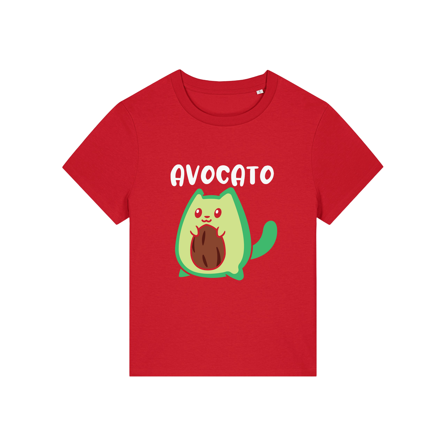 red graphic t-shirt with the slogan 'avocato' and the graphic of a cat dressed as an avocado