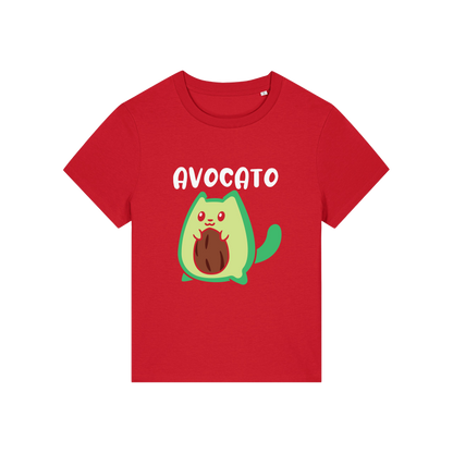 red graphic t-shirt with the slogan 'avocato' and the graphic of a cat dressed as an avocado