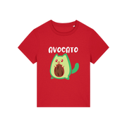 red graphic t-shirt with the slogan 'avocato' and the graphic of a cat dressed as an avocado