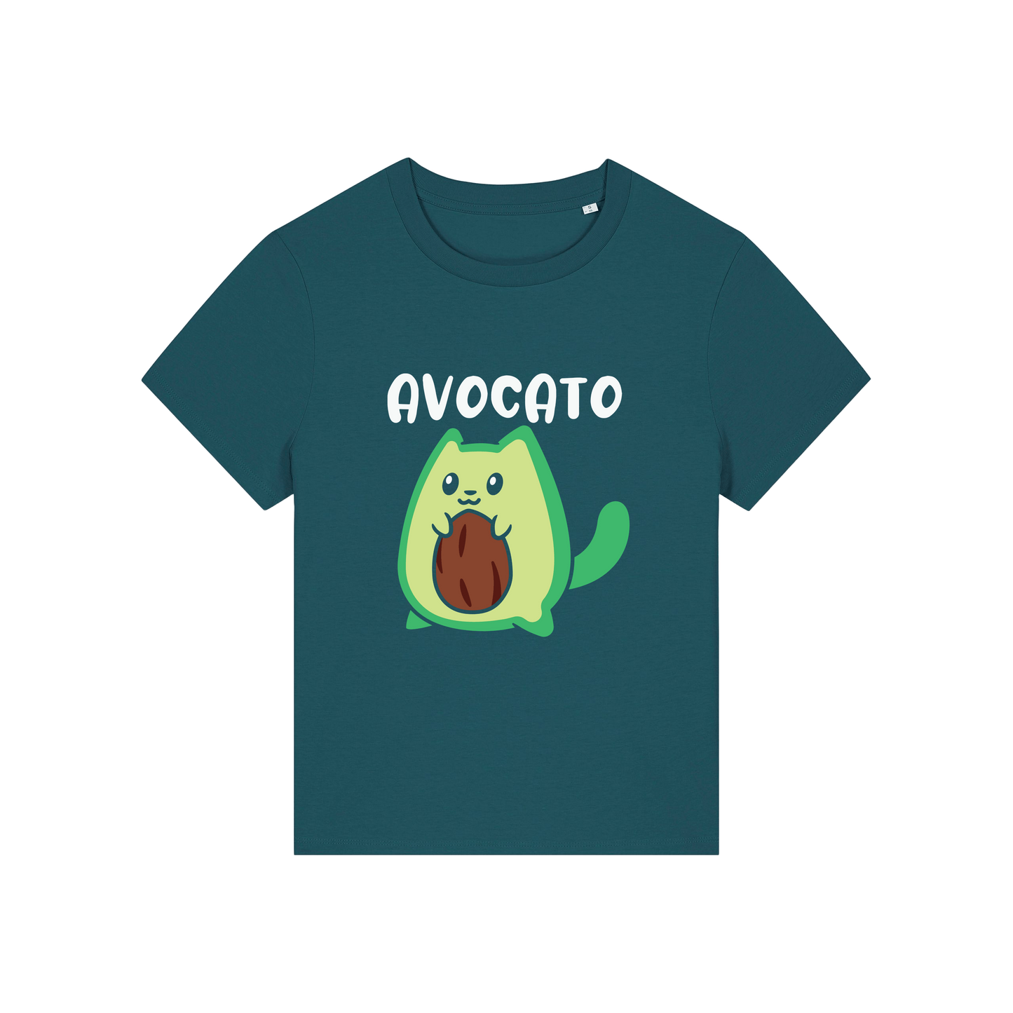 teal graphic t-shirt with the slogan 'avocato' and the graphic of a cat dressed as an avocado