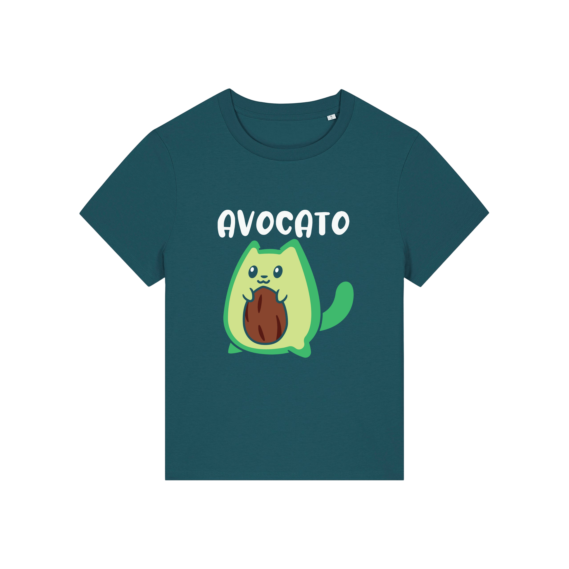 teal graphic t-shirt with the slogan 'avocato' and the graphic of a cat dressed as an avocado