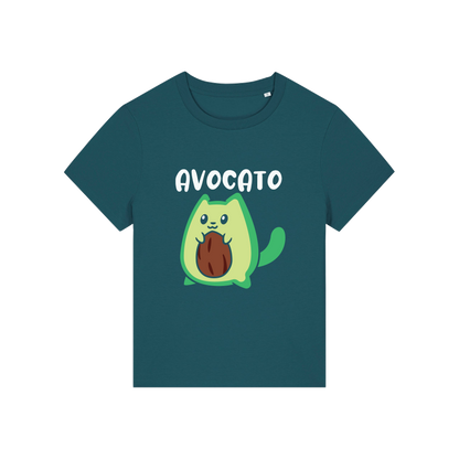 teal graphic t-shirt with the slogan 'avocato' and the graphic of a cat dressed as an avocado