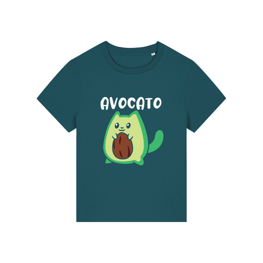 teal graphic t-shirt with the slogan 'avocato' and the graphic of a cat dressed as an avocado