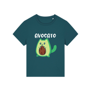 teal graphic t-shirt with the slogan 'avocato' and the graphic of a cat dressed as an avocado