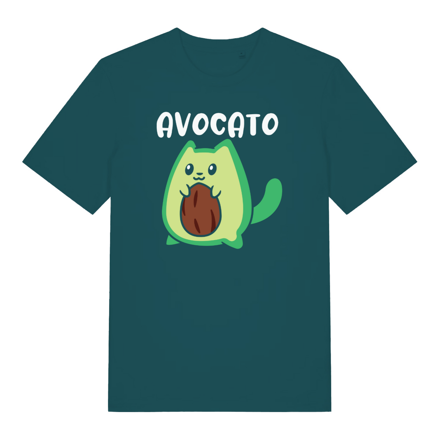 teal women's graphic t-shirt with a cartoon avacado design and the word 'avocato'