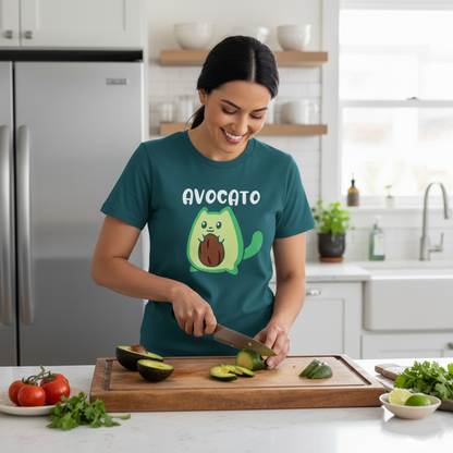 Woman in a kitchen wearing a 'Avocato' t-shirt, cutting an avocado.