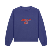blue xmas sweater with the slogan 'jolly af'