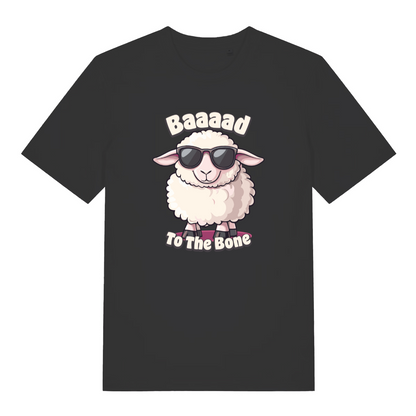 black women's funny animal t-shirt with the graphic of a sheep wearing sunglasses and the slogan 'baaaad to the bone'