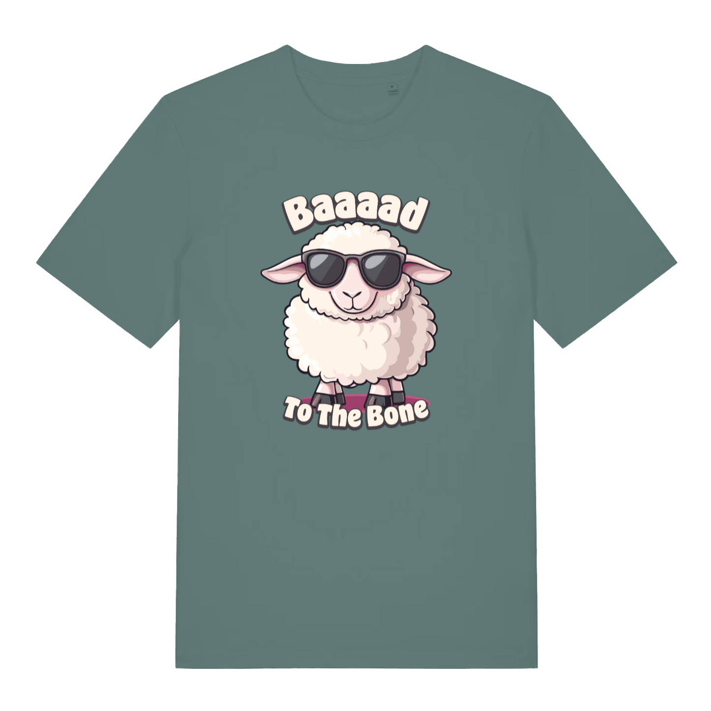green women's funny animal t-shirt with the graphic of a sheep wearing sunglasses and the slogan 'baaaad to the bone'