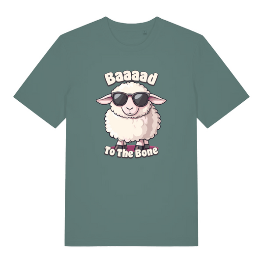 green women's funny animal t-shirt with the graphic of a sheep wearing sunglasses and the slogan 'baaaad to the bone'
