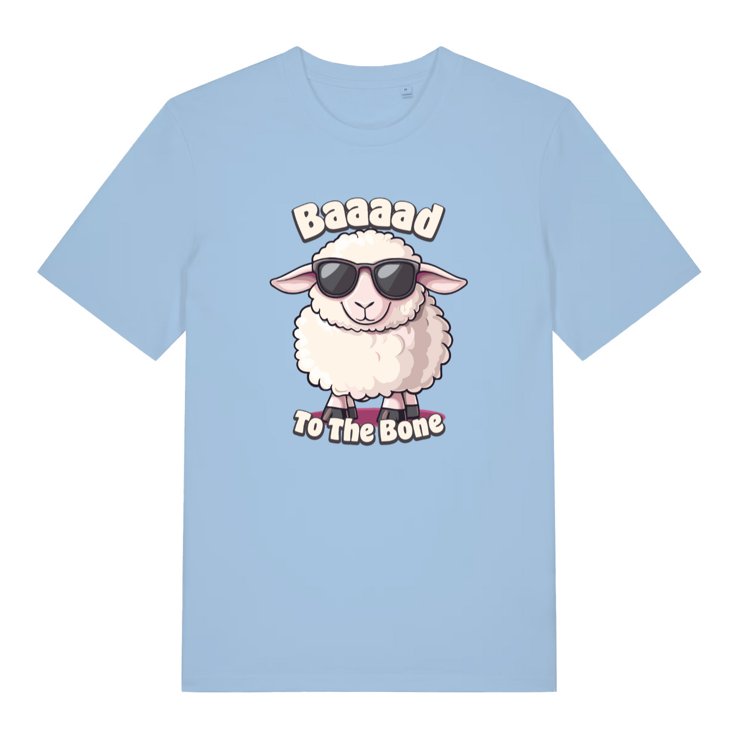 light blue women's funny animal t-shirt with the graphic of a sheep wearing sunglasses and the slogan 'baaaad to the bone'