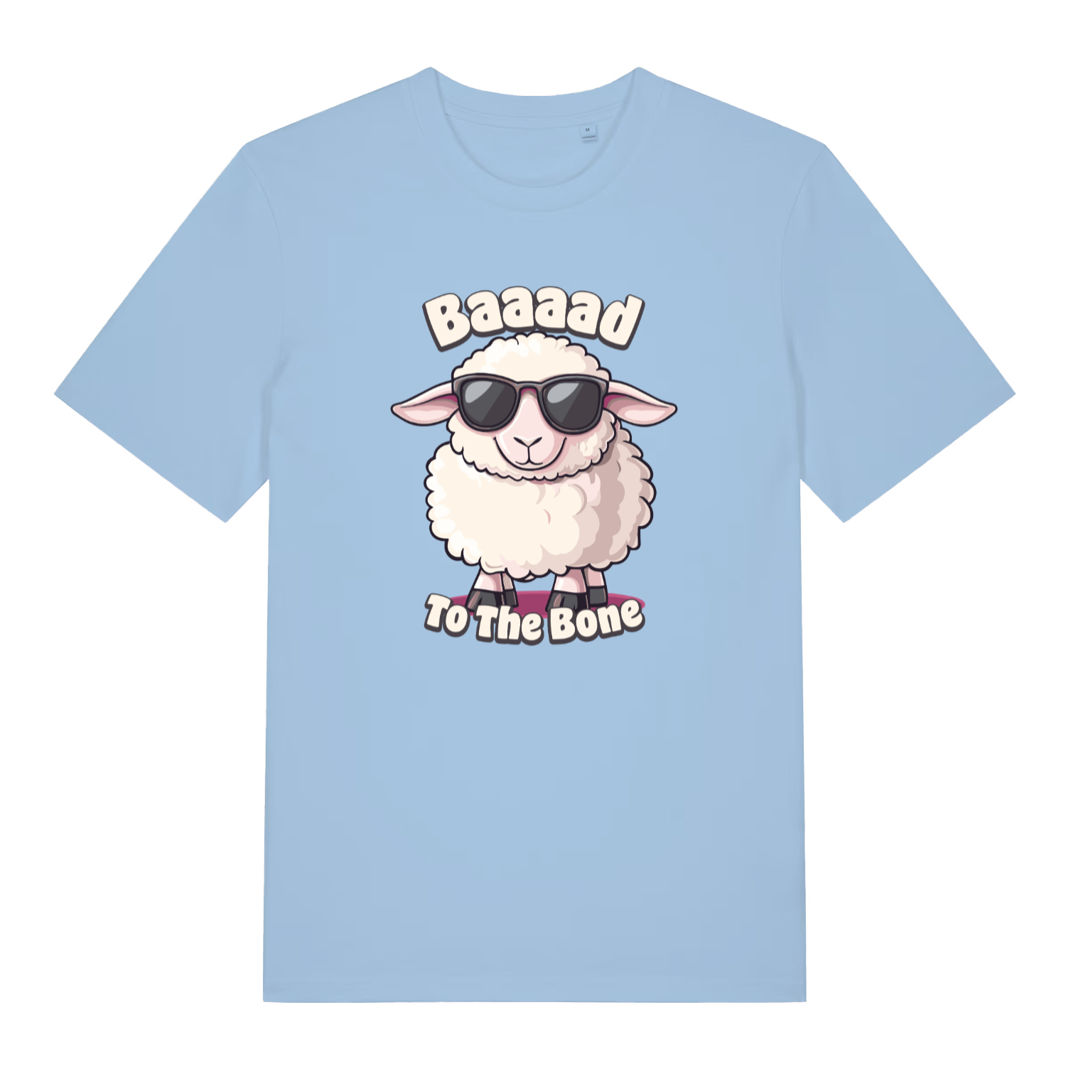 light blue women's funny animal t-shirt with the graphic of a sheep wearing sunglasses and the slogan 'baaaad to the bone'
