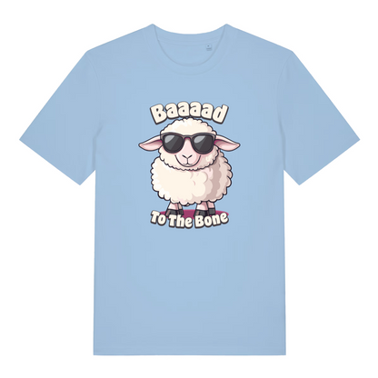 light blue women's funny animal t-shirt with the graphic of a sheep wearing sunglasses and the slogan 'baaaad to the bone'