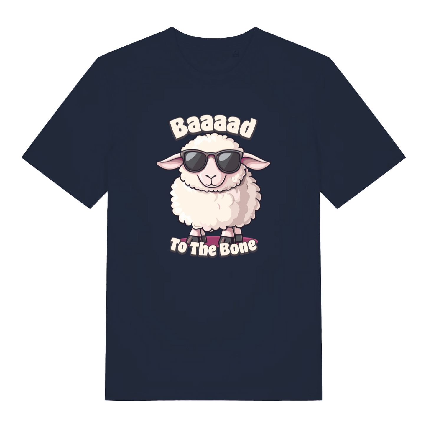 navy women's funny animal t-shirt with the graphic of a sheep wearing sunglasses and the slogan 'baaaad to the bone'