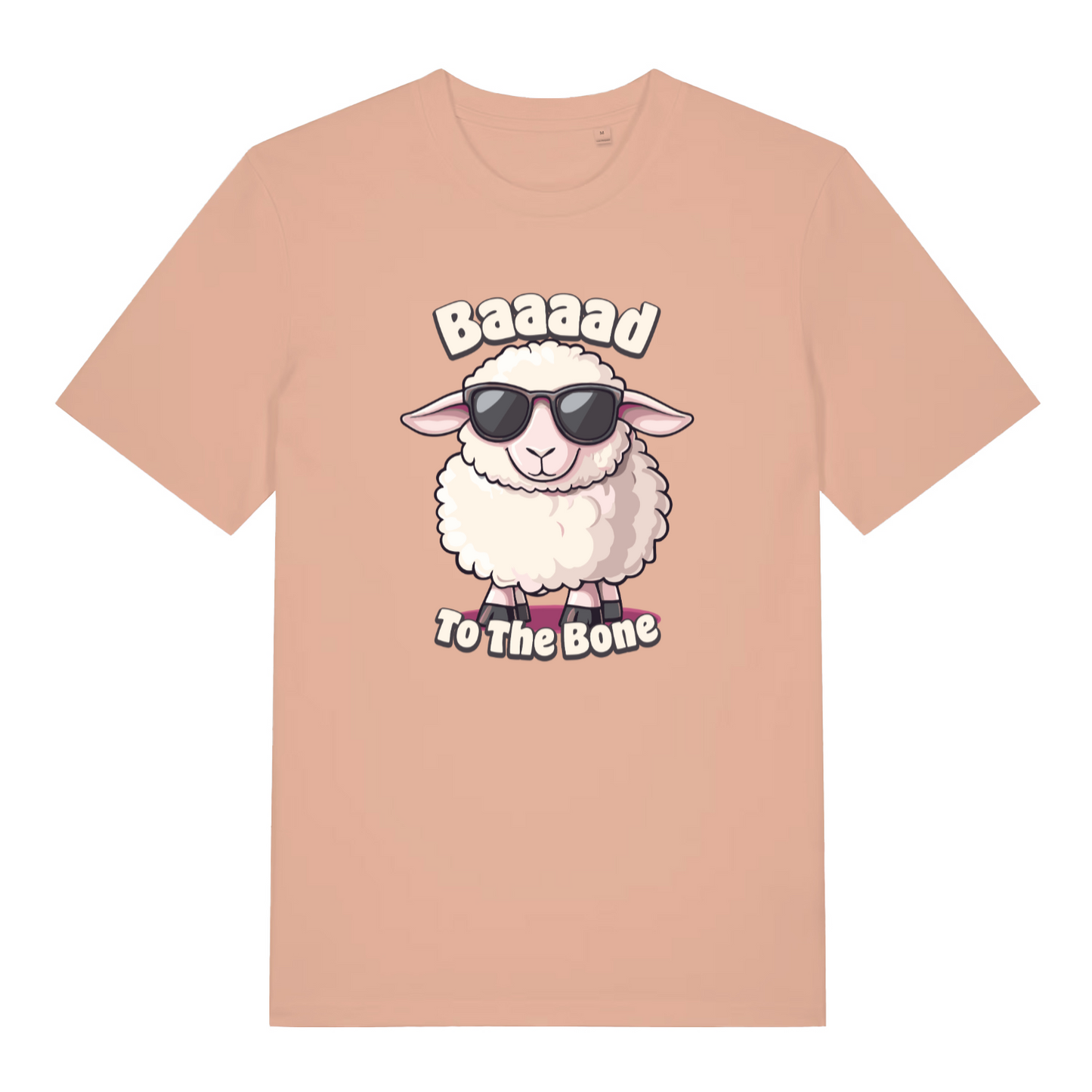 peach women's funny animal t-shirt with the graphic of a sheep wearing sunglasses and the slogan 'baaaad to the bone'