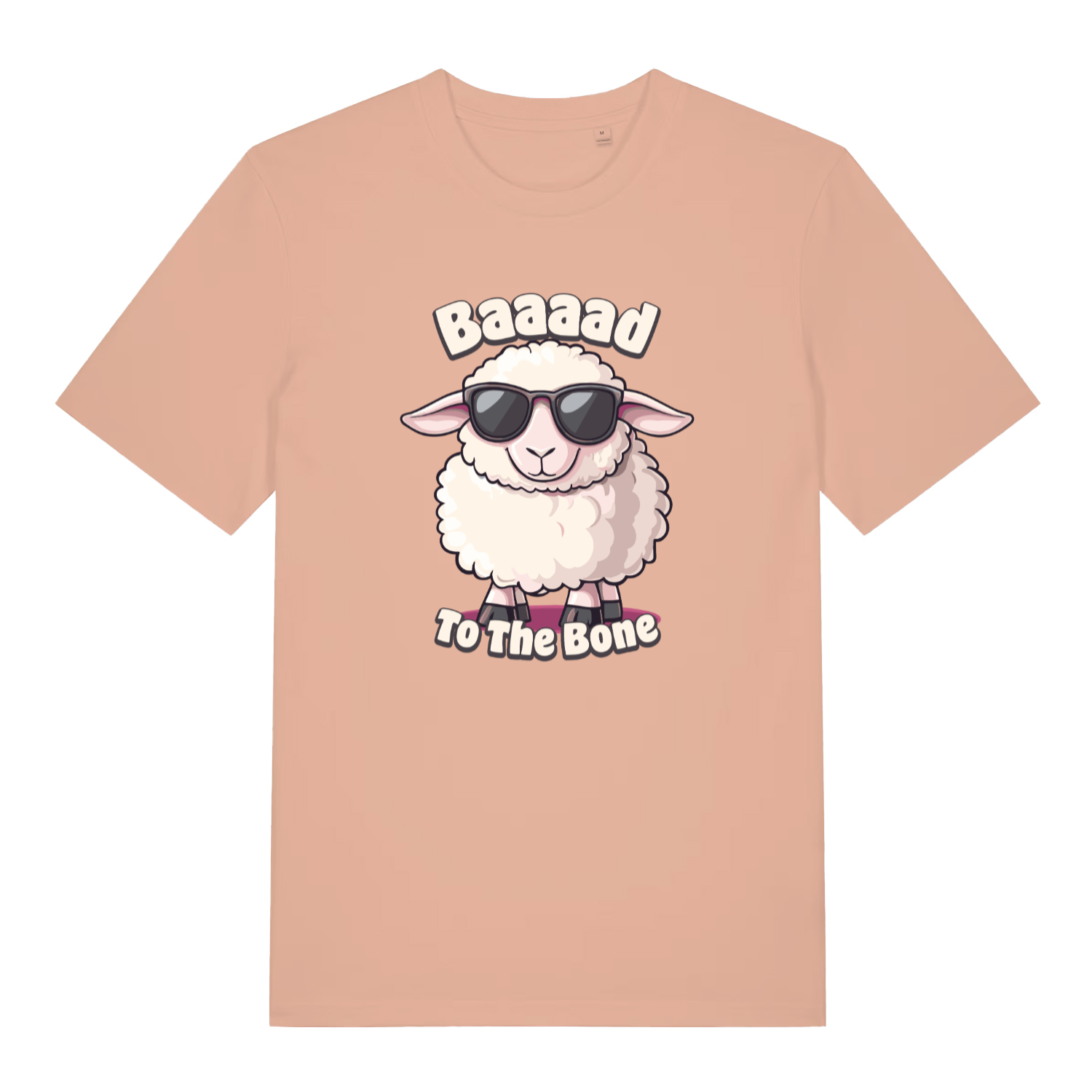 peach women's funny animal t-shirt with the graphic of a sheep wearing sunglasses and the slogan 'baaaad to the bone'