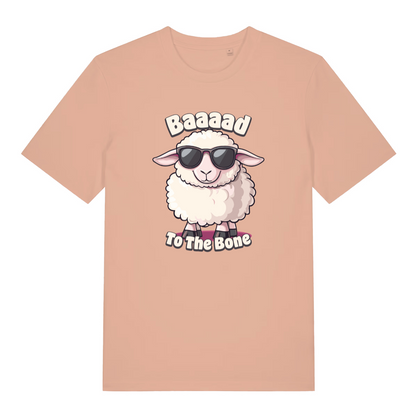 peach women's funny animal t-shirt with the graphic of a sheep wearing sunglasses and the slogan 'baaaad to the bone'