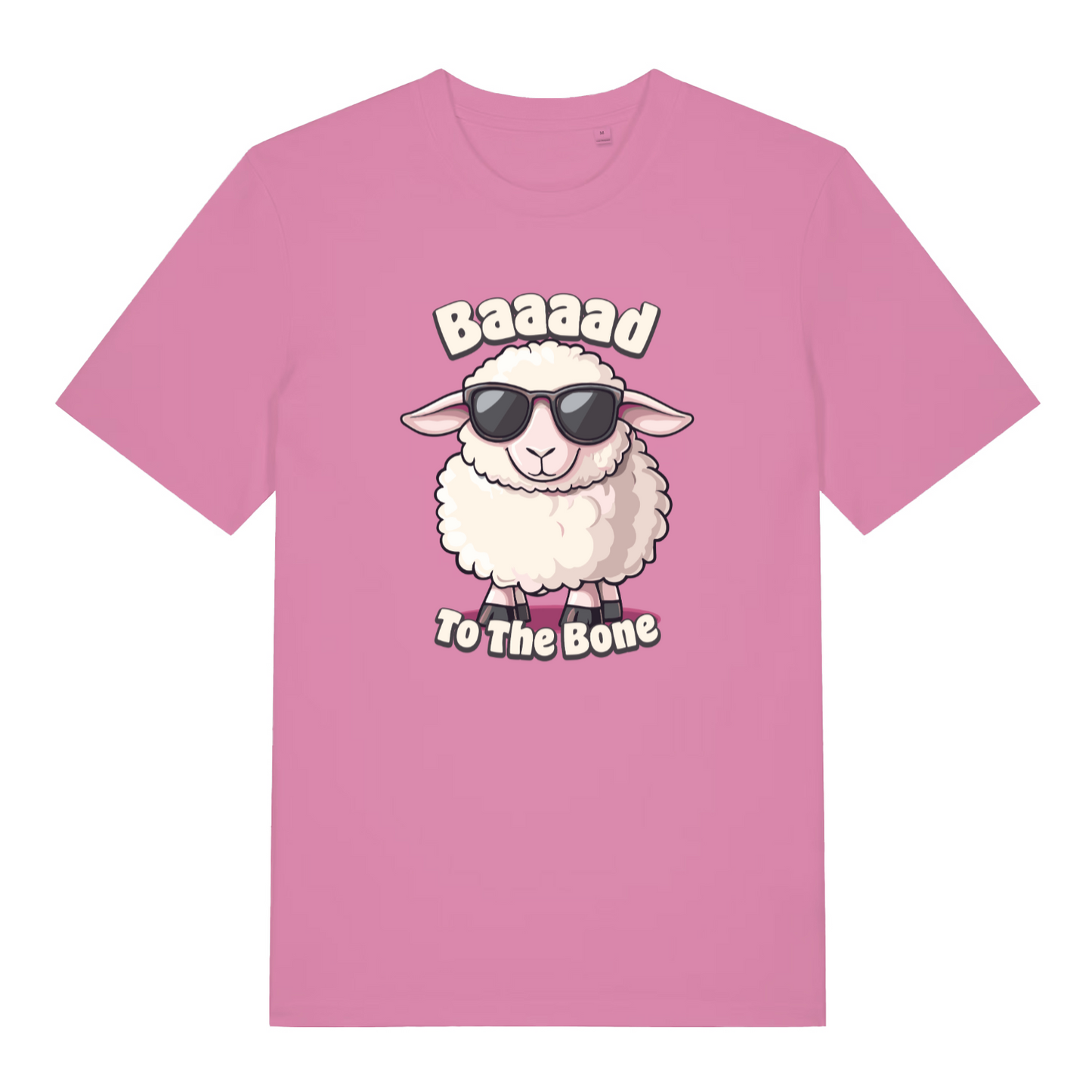 pink women's funny animal t-shirt with the graphic of a sheep wearing sunglasses and the slogan 'baaaad to the bone'