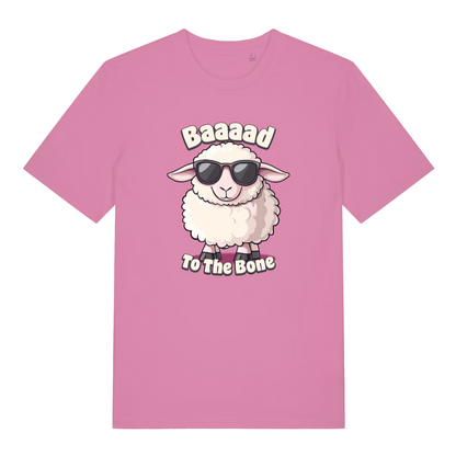 pink women's funny animal t-shirt with the graphic of a sheep wearing sunglasses and the slogan 'baaaad to the bone'