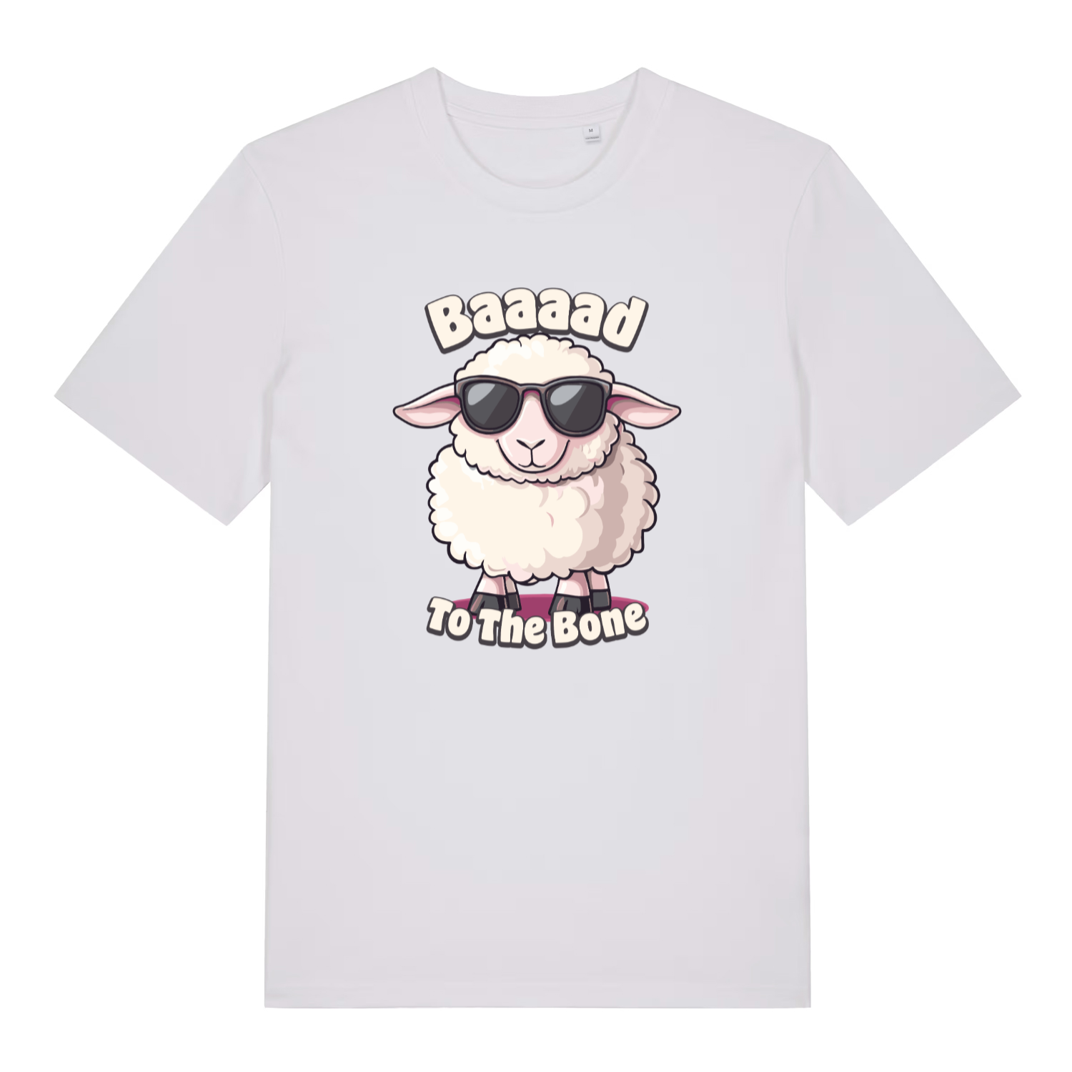 white women's funny animal t-shirt with the graphic of a sheep wearing sunglasses and the slogan 'baaaad to the bone'