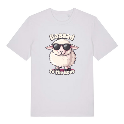 white women's funny animal t-shirt with the graphic of a sheep wearing sunglasses and the slogan 'baaaad to the bone'