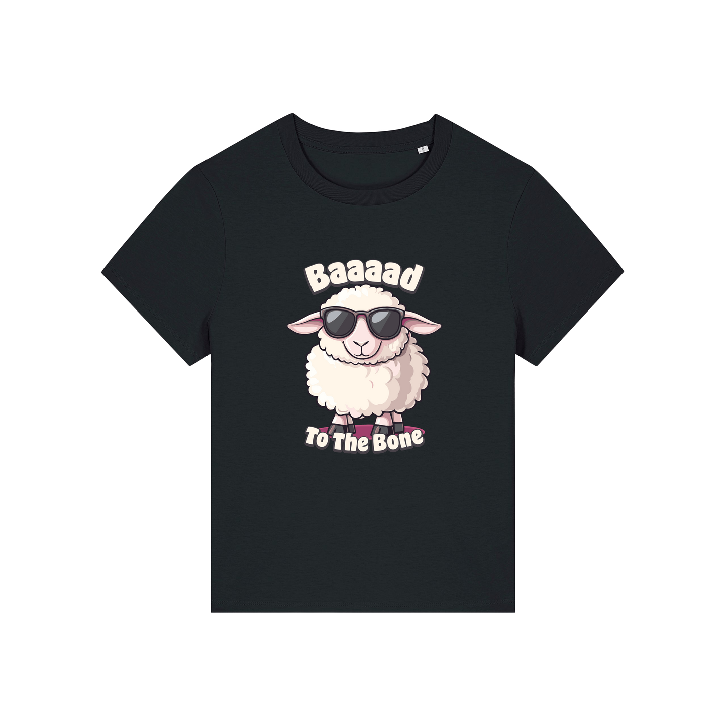black animal t-shirt with the graphic of a sheep in sunglasses and the slogan 'baaaad to the bone'