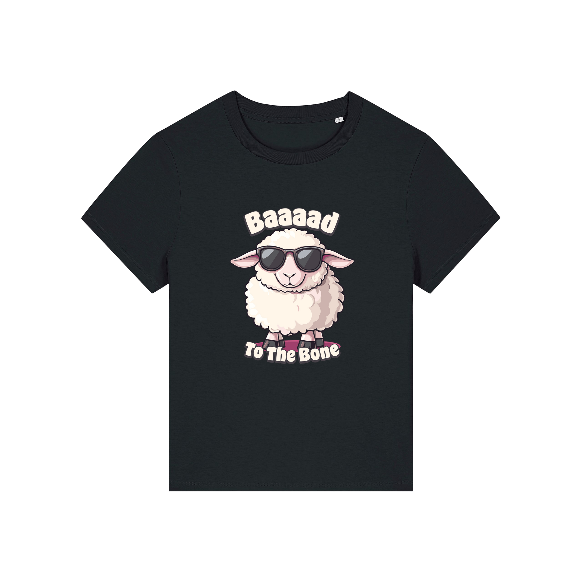 black animal t-shirt with the graphic of a sheep in sunglasses and the slogan 'baaaad to the bone'