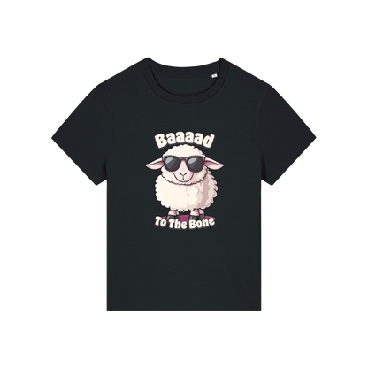 black animal t-shirt with the graphic of a sheep in sunglasses and the slogan 'baaaad to the bone'