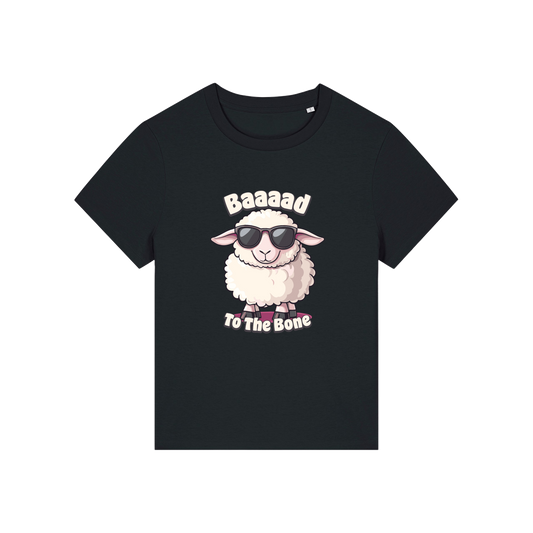 black animal t-shirt with the graphic of a sheep in sunglasses and the slogan 'baaaad to the bone'