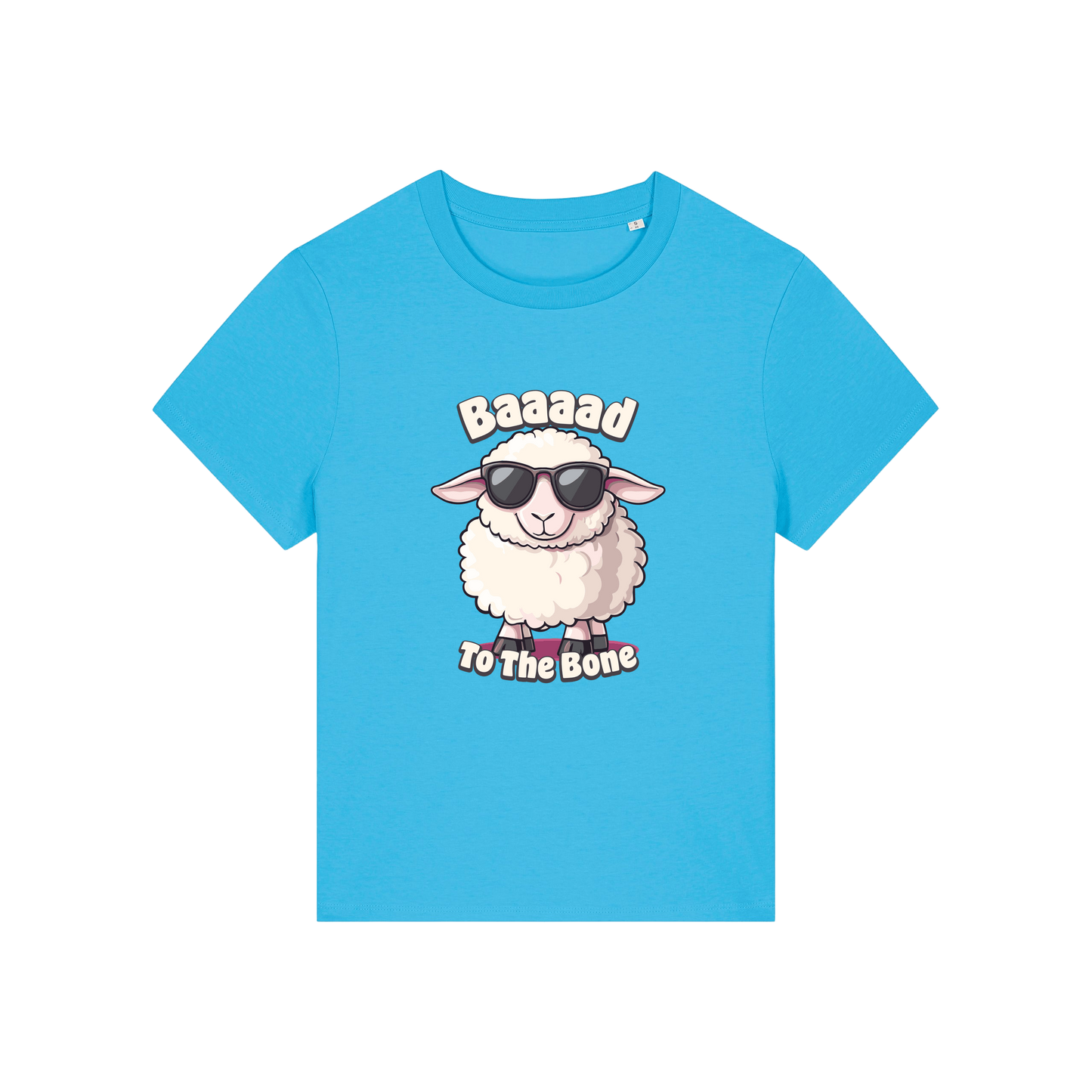 blue animal t-shirt with the graphic of a sheep in sunglasses and the slogan 'baaaad to the bone'