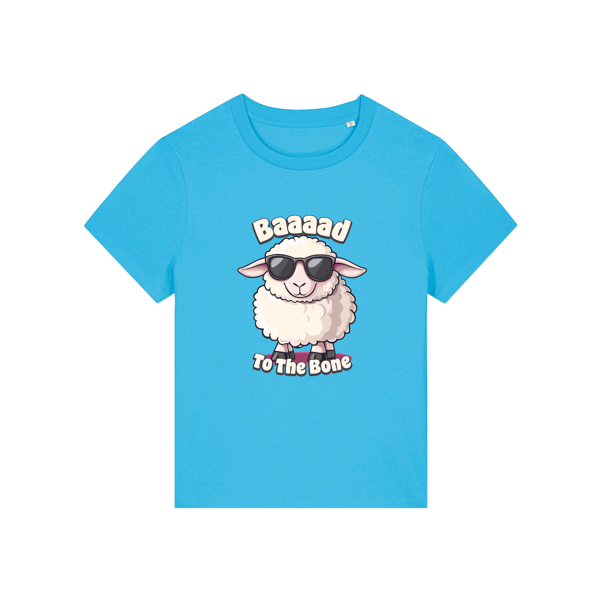 blue animal t-shirt with the graphic of a sheep in sunglasses and the slogan 'baaaad to the bone'