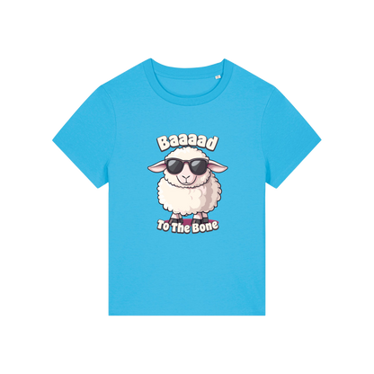 blue animal t-shirt with the graphic of a sheep in sunglasses and the slogan 'baaaad to the bone'