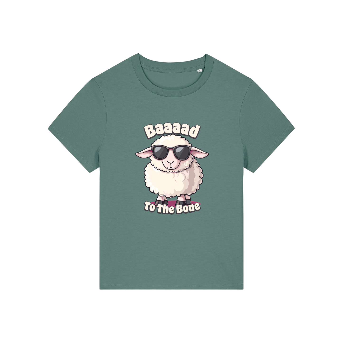 green animal t-shirt with the graphic of a sheep in sunglasses and the slogan 'baaaad to the bone'