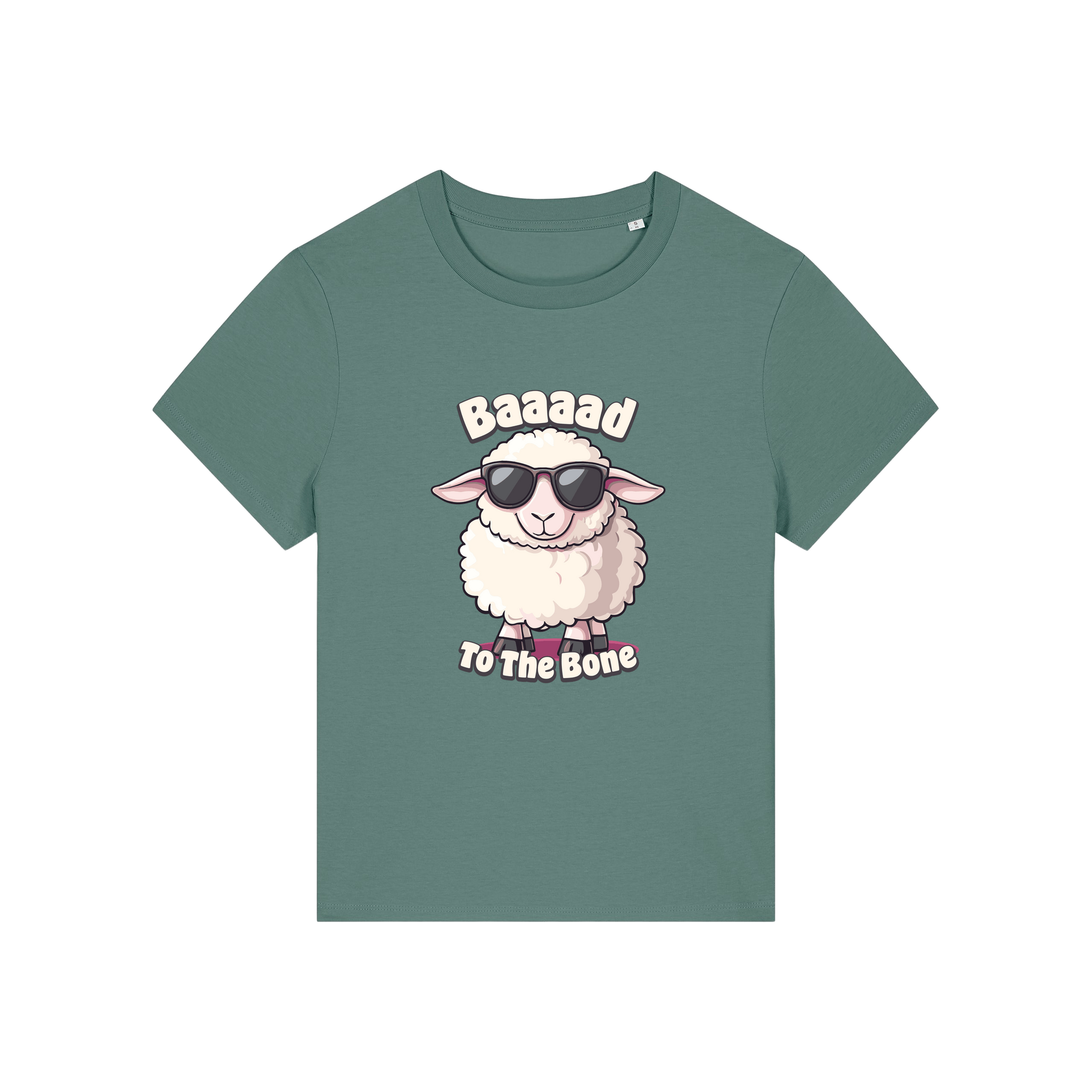 green animal t-shirt with the graphic of a sheep in sunglasses and the slogan 'baaaad to the bone'
