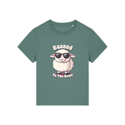green animal t-shirt with the graphic of a sheep in sunglasses and the slogan 'baaaad to the bone'