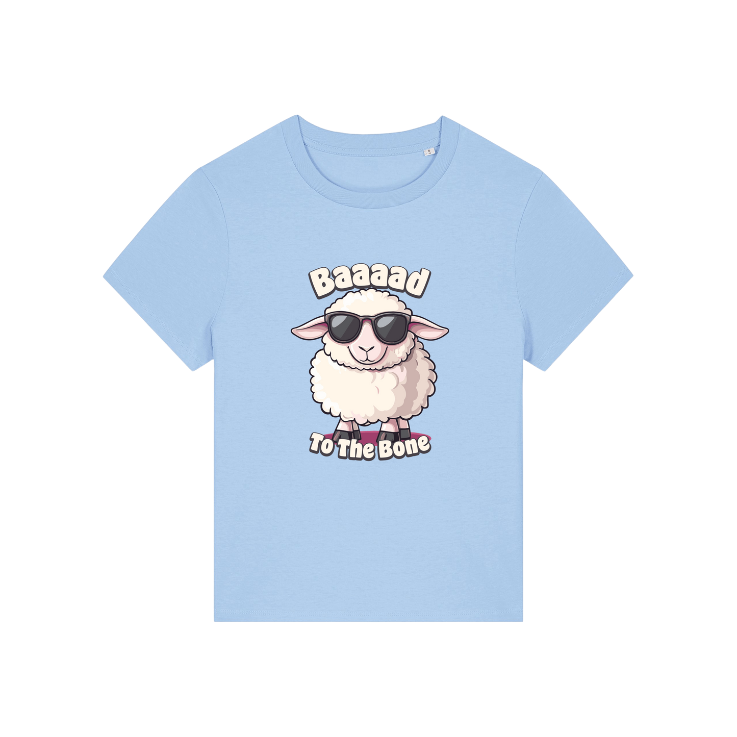 light blue animal t-shirt with the graphic of a sheep in sunglasses and the slogan 'baaaad to the bone'