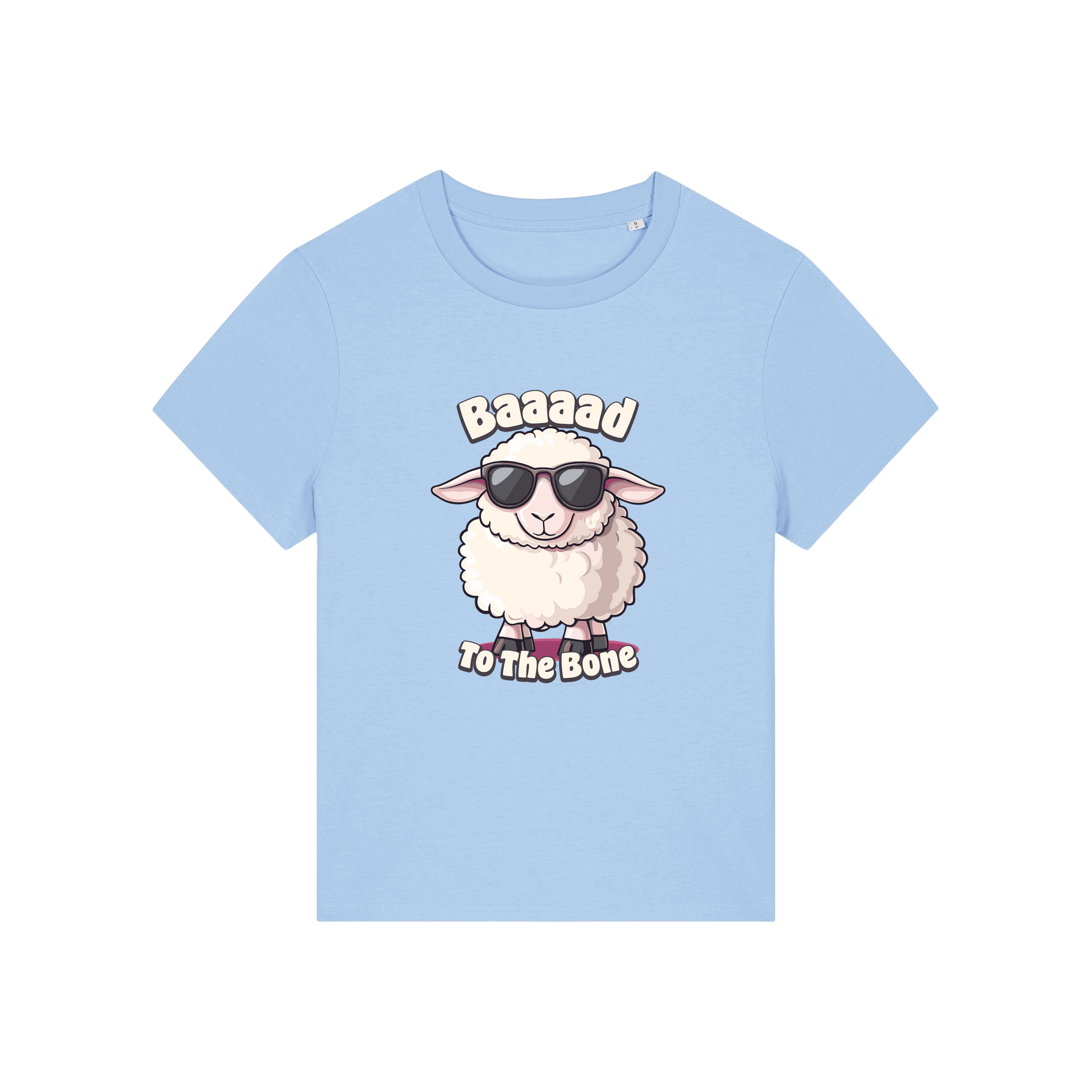 light blue animal t-shirt with the graphic of a sheep in sunglasses and the slogan 'baaaad to the bone'