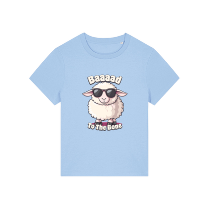 light blue animal t-shirt with the graphic of a sheep in sunglasses and the slogan 'baaaad to the bone'