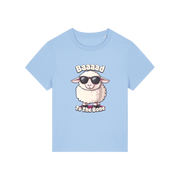 light blue animal t-shirt with the graphic of a sheep in sunglasses and the slogan 'baaaad to the bone'