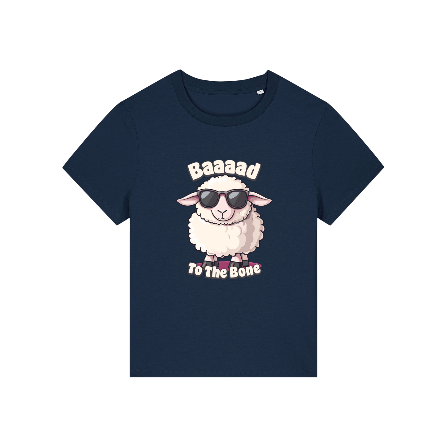 navy animal t-shirt with the graphic of a sheep in sunglasses and the slogan 'baaaad to the bone'