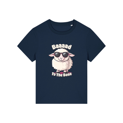 navy animal t-shirt with the graphic of a sheep in sunglasses and the slogan 'baaaad to the bone'