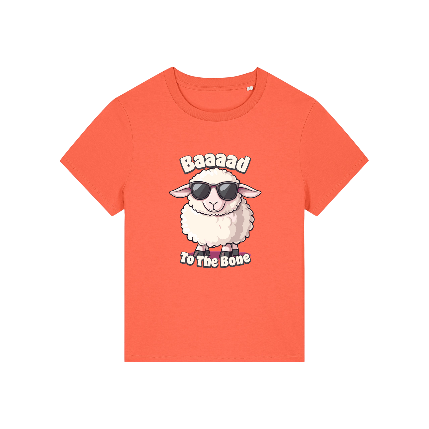 orange animal t-shirt with the graphic of a sheep in sunglasses and the slogan 'baaaad to the bone'