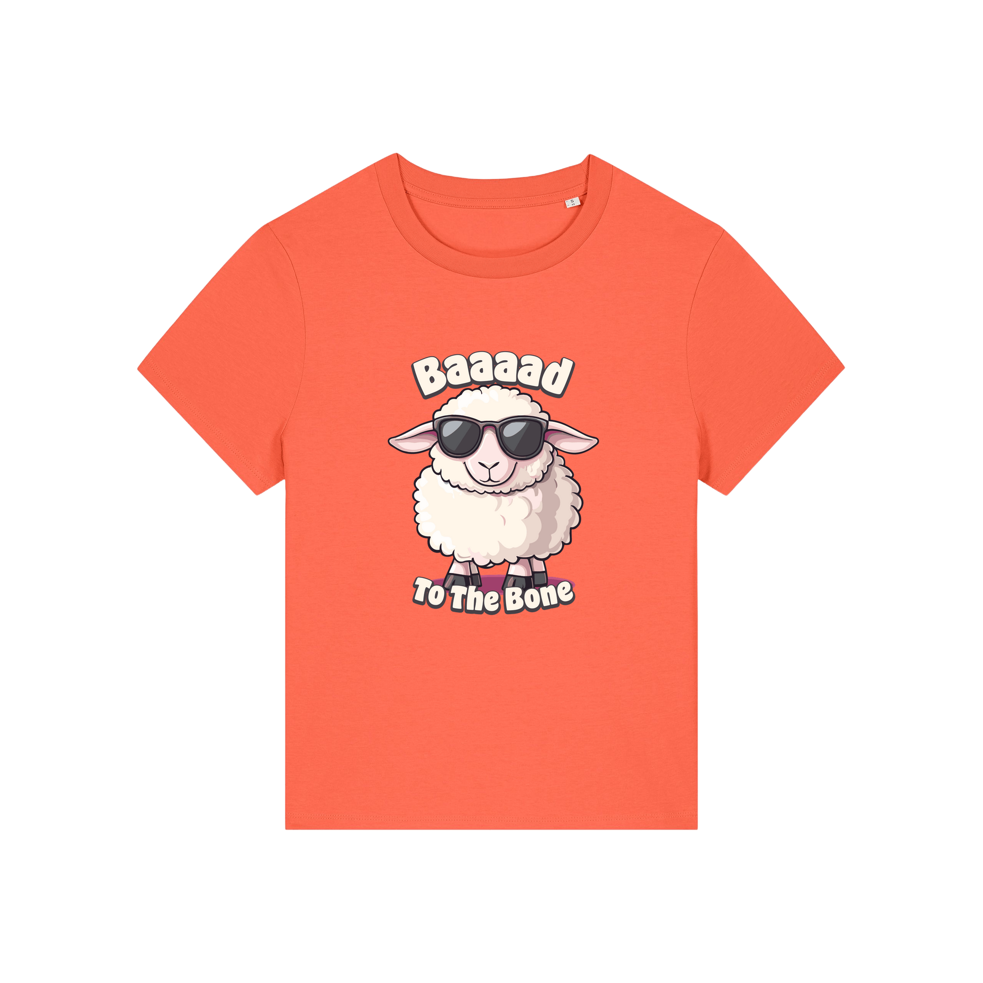 orange animal t-shirt with the graphic of a sheep in sunglasses and the slogan 'baaaad to the bone'