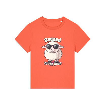 orange animal t-shirt with the graphic of a sheep in sunglasses and the slogan 'baaaad to the bone'