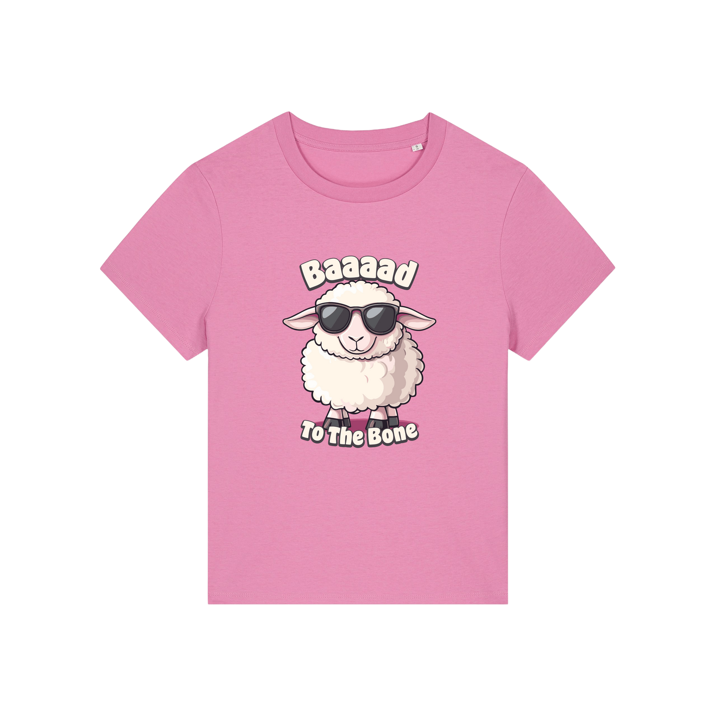 pink animal t-shirt with the graphic of a sheep in sunglasses and the slogan 'baaaad to the bone'