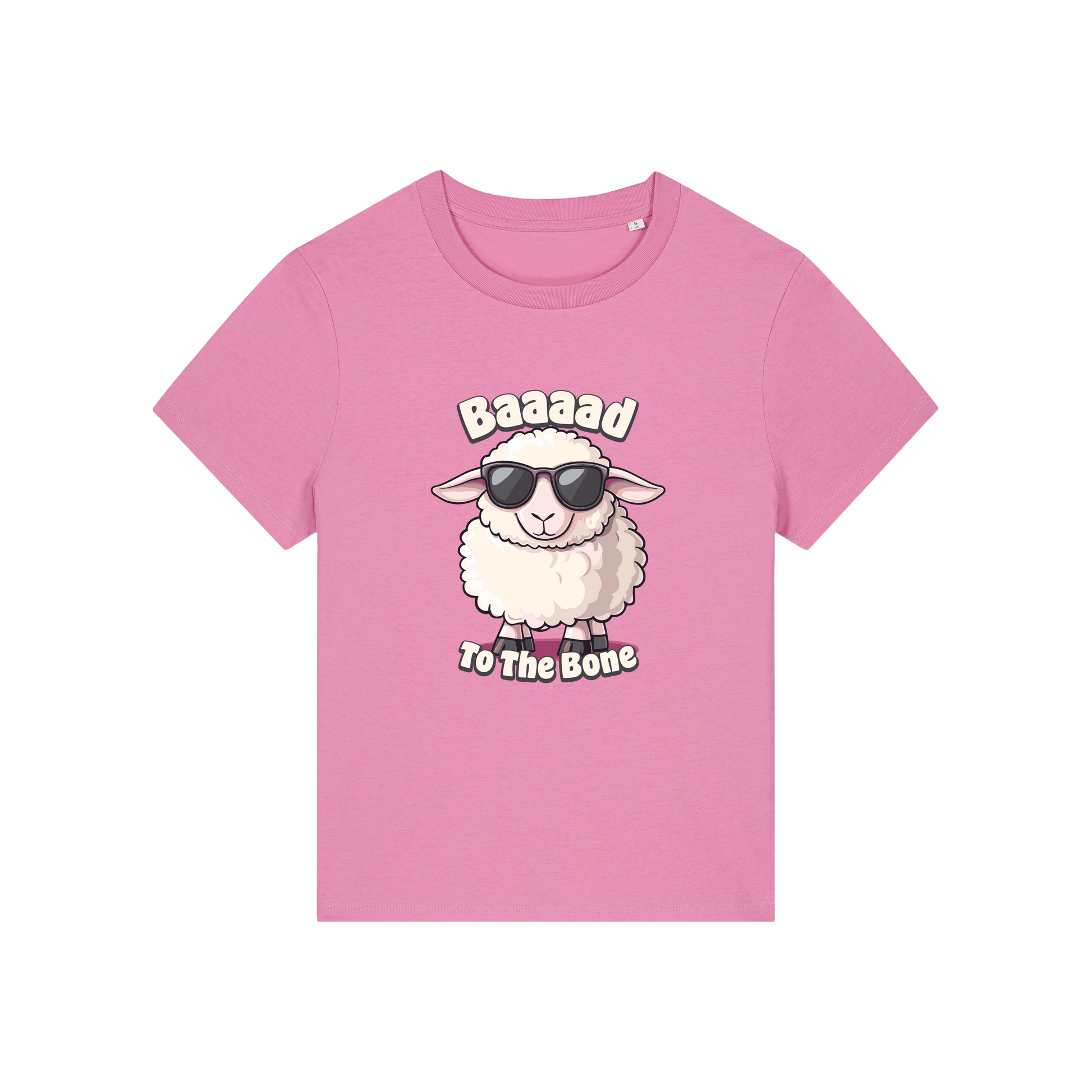 pink animal t-shirt with the graphic of a sheep in sunglasses and the slogan 'baaaad to the bone'