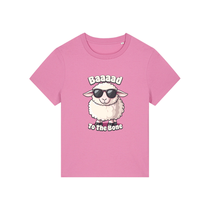 pink animal t-shirt with the graphic of a sheep in sunglasses and the slogan 'baaaad to the bone'